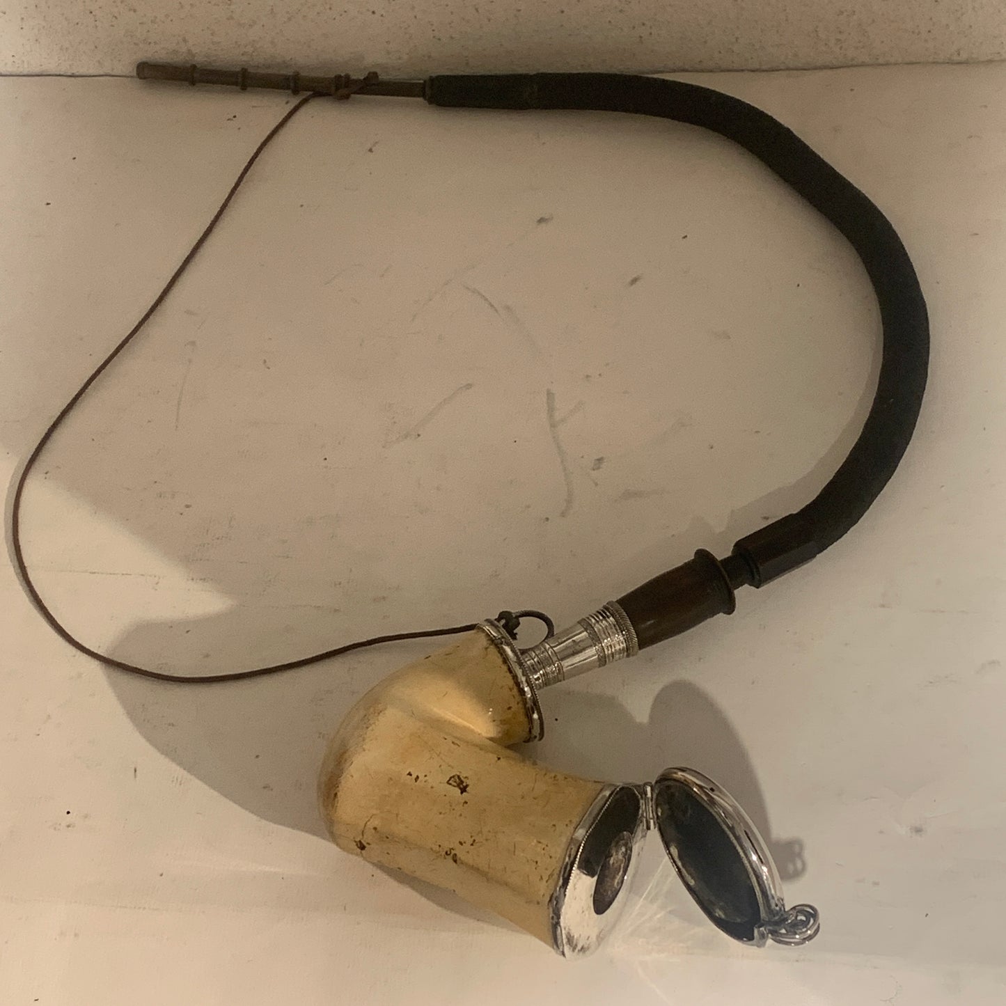 Antique silver-mounted meerschaum long pipe, from the 19th century.