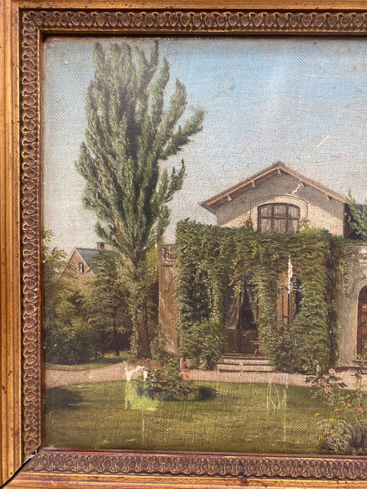 Frederiksberg villa. Naturalistisk oliemaleri. Danmark. 1882. Monogramsigneret.