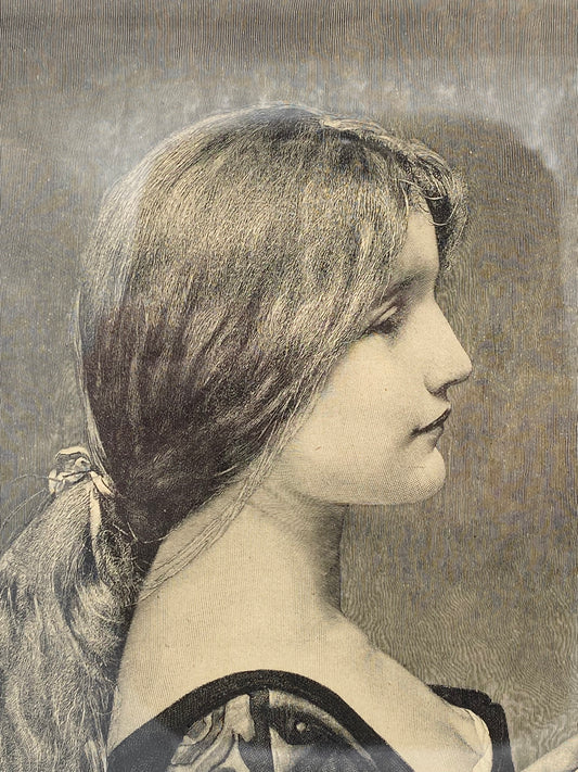 Den Lærende Venetianerinde. Antik dansk træsnitsgravering. Fra 1895