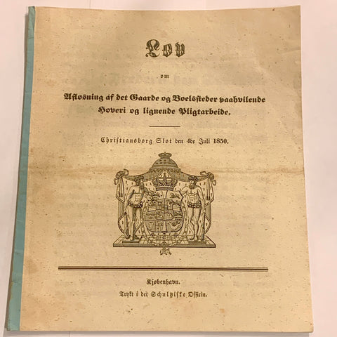 Lovtekst, udgivet år 1850. 1.Udgave, 1.Oplag.