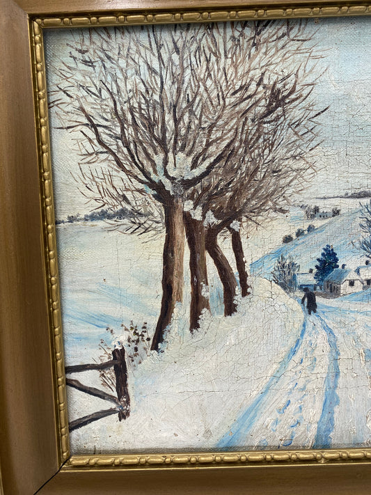 M. Barchmann. Naturalist Oil Painting of Winter Landscape with Walking Figure. Denmark. From 1927.