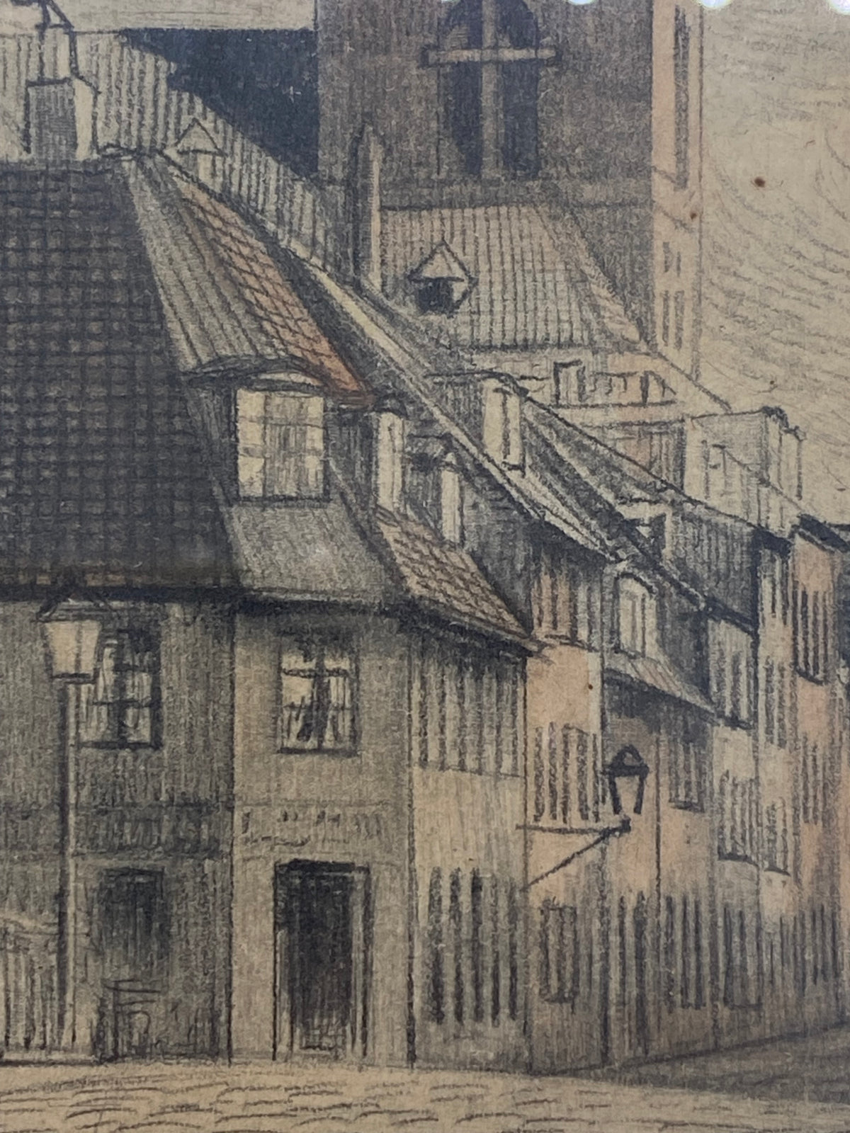 Et vintage billede af en bygning i København, tegnet af Martin Frederik Larsen