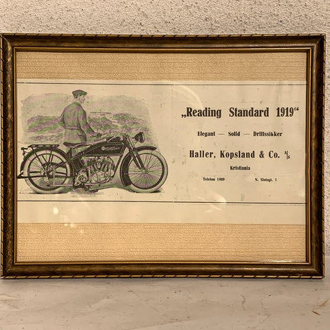 Antik original Reading Standard motorcykel reklame, fra 1919.