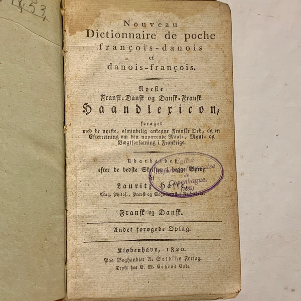Fransk-Dansk & Dansk-Fransk Haand lexicon, Lauritz Happenhague. Fra 1820.