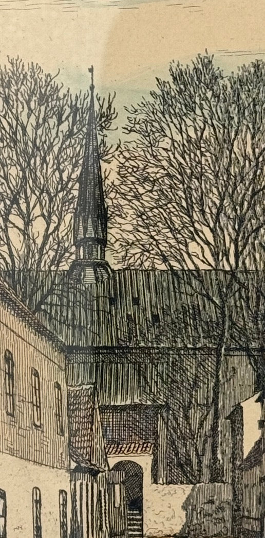 Et vintage billede af Horsens kirkegård, tegnet af Otto Holm (f.1879-1966.). Fra 1920'erne