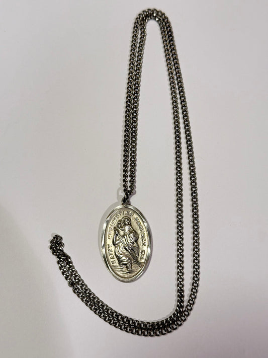 Vintage skt. christopher protect us sølv medaljon & kæde