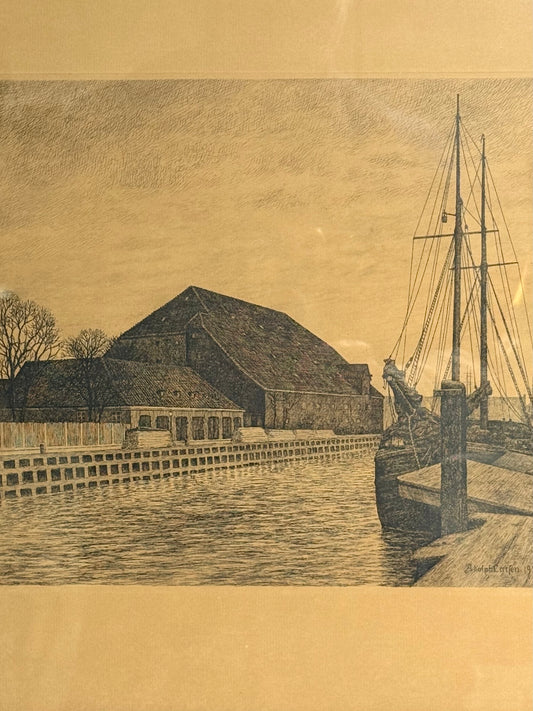 Adolf Larsen(f.1856-1942) radering fra Frederiksholms kanal, Kbh. Fra 1925