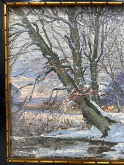 Peter Holm (1889-1966). Impressionistisk oliemaleri af vinterlandskab med skovsø. Slut 19./start 20. årh. Signeret.