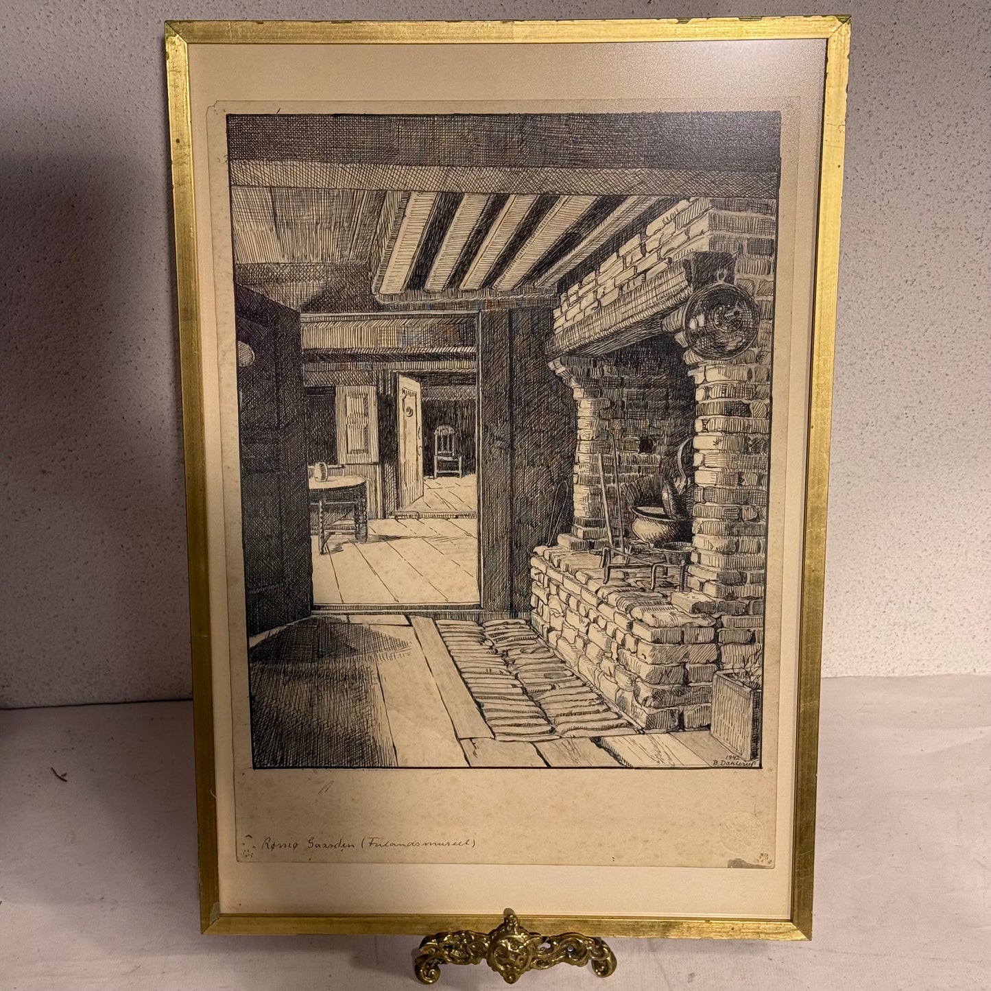 Benjamin Dahlerup (1898–1959) original blæk illustration tegning af Rømøgaarden (Frilandsmuseet.) Fra 1942.