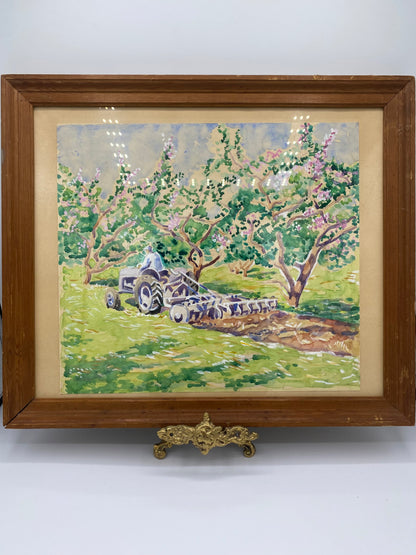 Impressionistisk akvarel af traktor i blomstrende frugthave. Dansk. Midt 20. årh. Usigneret