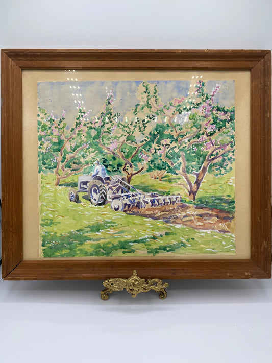 Impressionistisk akvarel af traktor i blomstrende frugthave. Dansk. Midt 20. årh. Usigneret