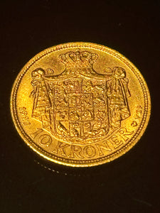 10 kr. Dansk Christian X. 21,6 karat Guldmønt, fra 1917.