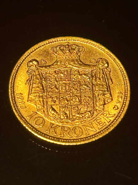 10 kr. Dansk Christian X. 21,6 karat Guldmønt, fra 1917.