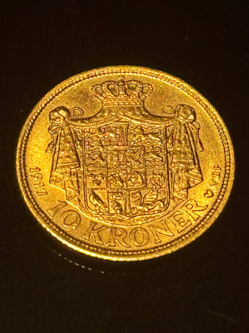 10 kr. Dansk Christian X. 21,6 karat Guldmønt, fra 1917.