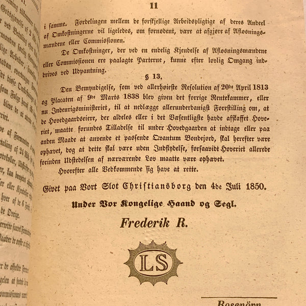 Lovtekst, udgivet år 1850. 1.Udgave, 1.Oplag.