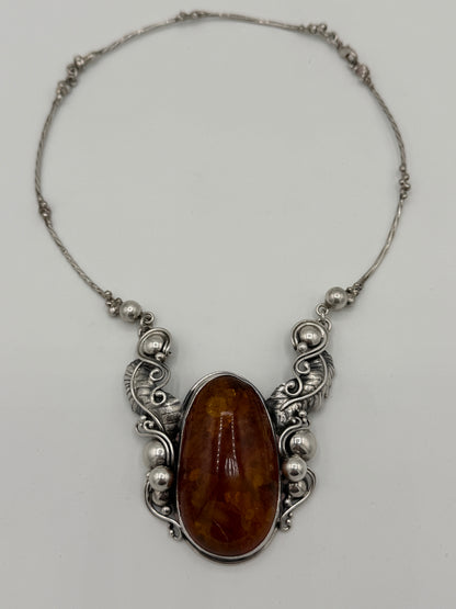 Vintage skønvirkestil Rav & Sterlingsølv hals collier. Gdansk, Polen. Fra 1980érne