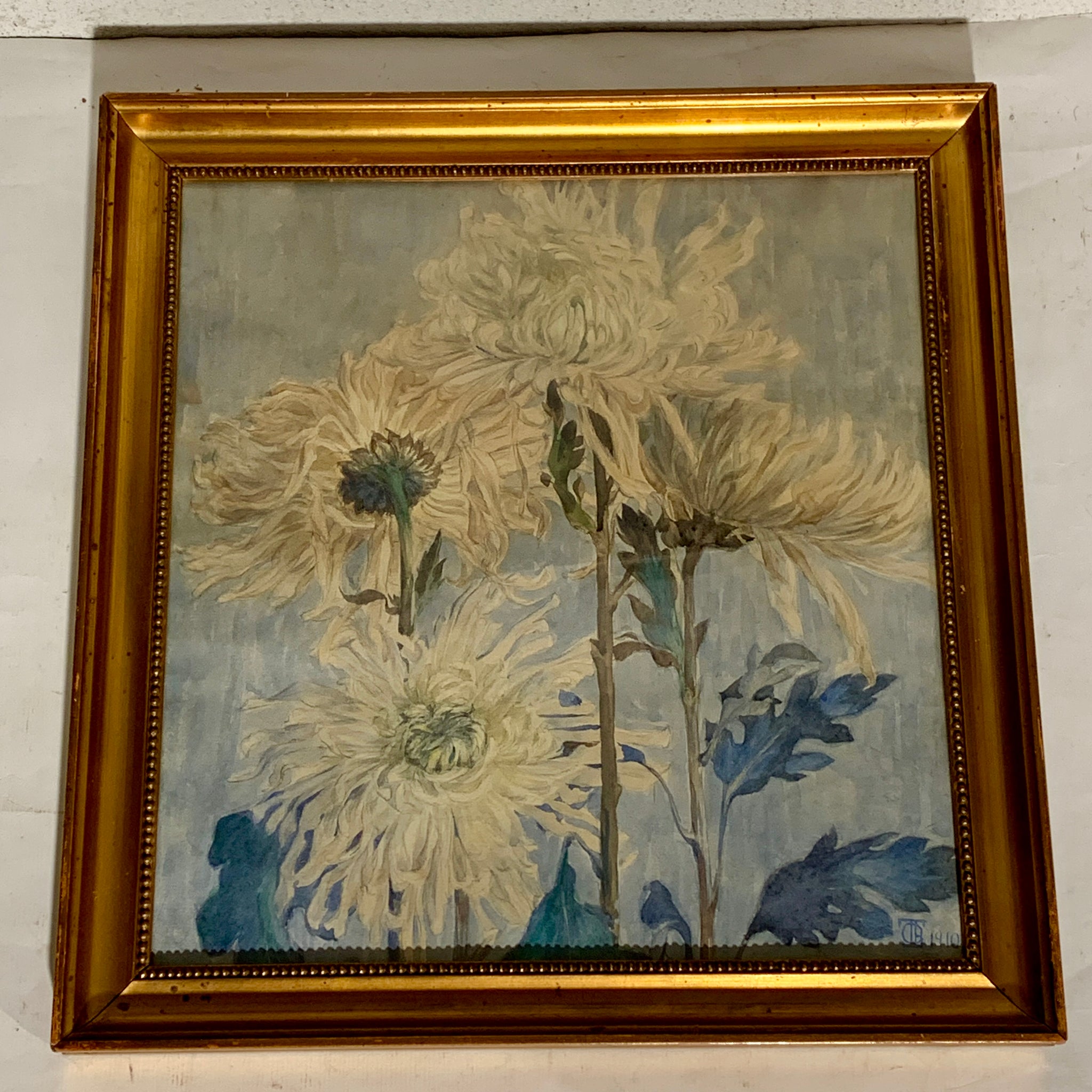 Chrysanthemum blomster. Signeret antik akvarel maleri fra 1910.