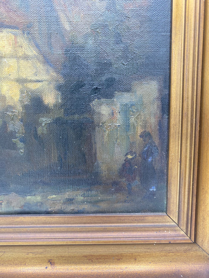 Ove Carl Svenson (f. 1880-1976). Sct. Olai Kirke set fra Sofiegade, Helsingør. Ekspressionistisk oliemaleri. Danmark. Fra 1925.