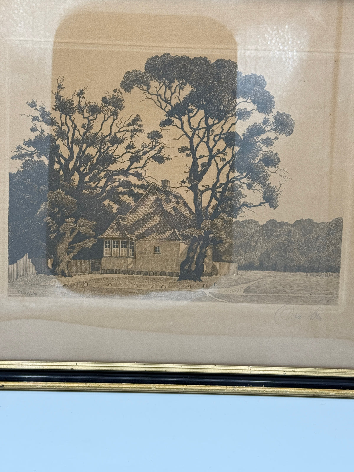 Et vintage radering af Peter Lieps hus i Dyrehaven, nord for København, fra 1920/30'erne