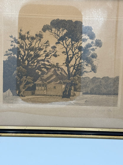 Et vintage radering af Peter Lieps hus i Dyrehaven, nord for København, fra 1920/30'erne