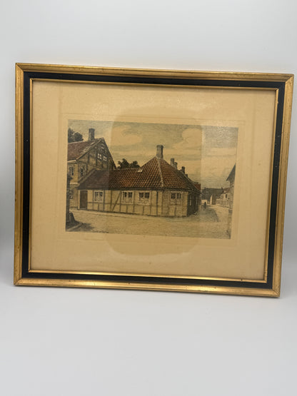 Et håndkoloreret radering af H.C. Andersens hus i Odense fra 1920'erne