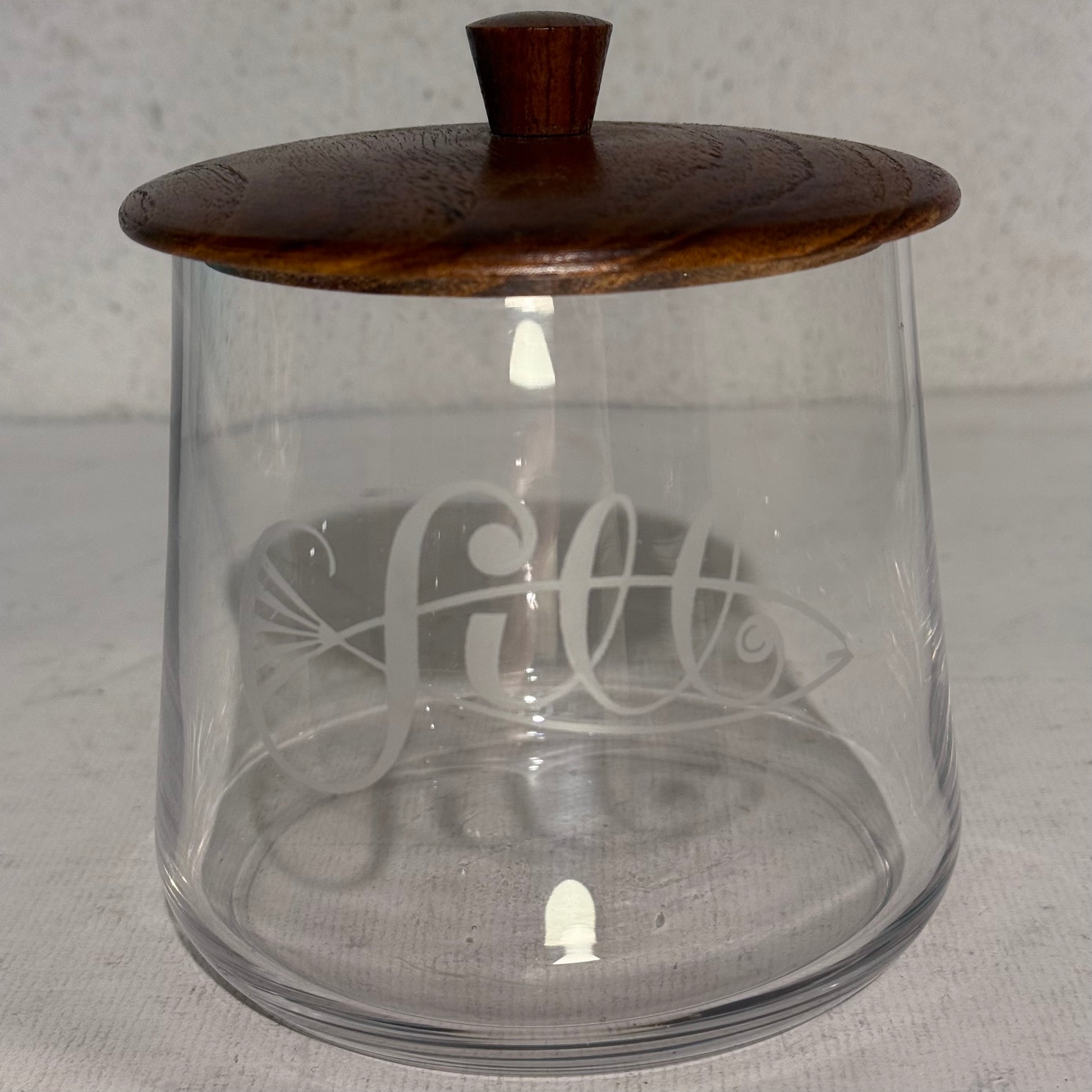 Vintage sugar glass jar with wooden lid