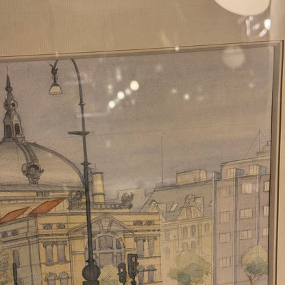 Akvarel tegning af Nationalteatret Oslo, fra 1989. Signeret.