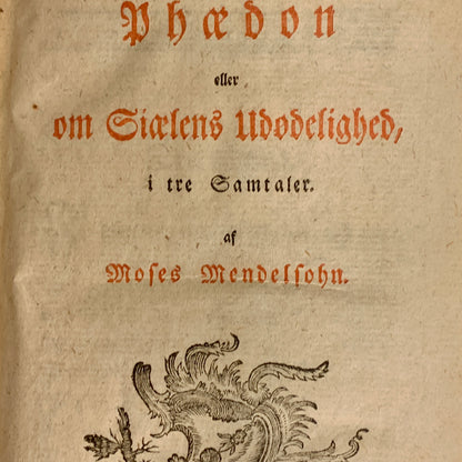 Moses Mendelsohn. Phadon. Antikvarisk bog. 1.Udgave. 1.Oplag. Fra 1779.