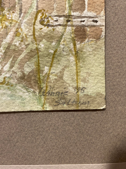 Naturalistisk akvarel af fiskerskur. Dansk. Fra 1995. Signeret