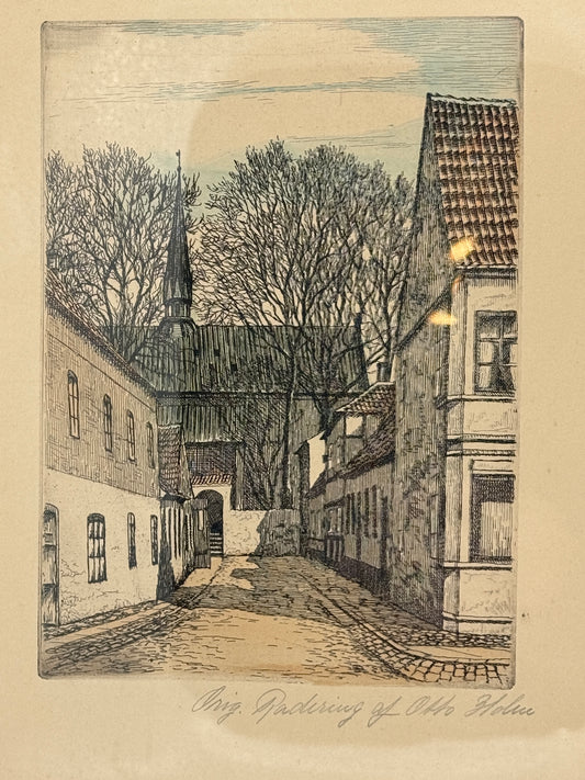 Et vintage billede af en bygning og en kirkegård, tegnet af Otto Holm