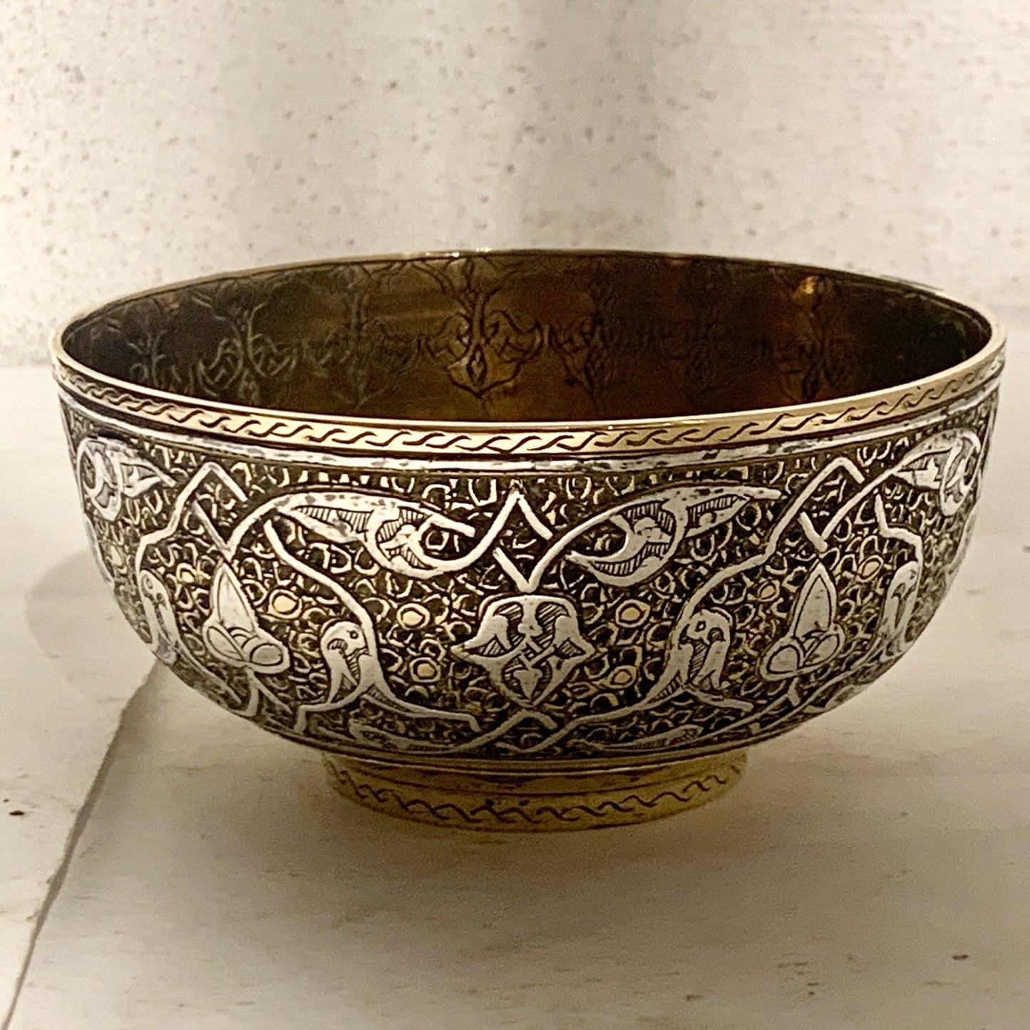 Antique Arabic/Persian silver and brass bowl, from the 1800s.