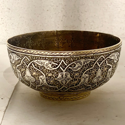 Antique Arabic/Persian silver and brass bowl, from the 1800s.