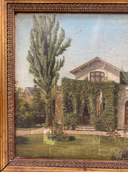 Frederiksberg villa. Naturalistisk oliemaleri. Danmark. 1882. Monogramsigneret.