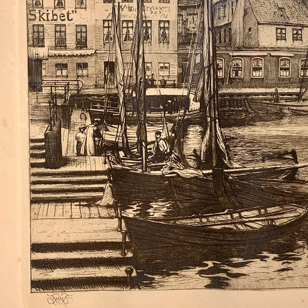 Peter Tom-Petersen (f.1861-1926) Helsingør havn, original radering.