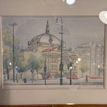 Akvarel tegning af Nationalteatret Oslo, fra 1989. Signeret.