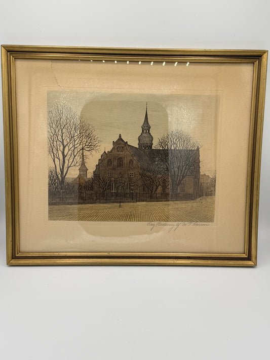 Et håndkoloreret radering af Holmens kirke i København