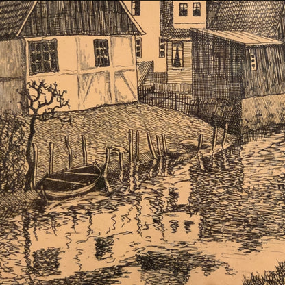 Otto Holm (f.1879-1966) Radering af Vejle med Skt. Nicolai kirke, fra 1937.