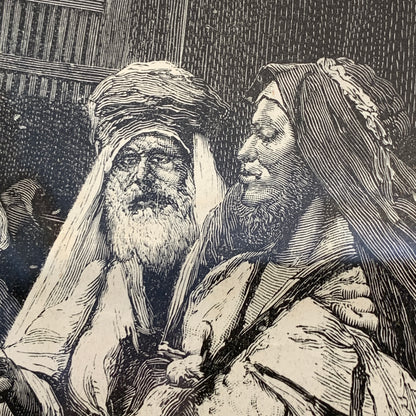 Antique Danish woodcut. Bazaar in Cairo. From 1881.