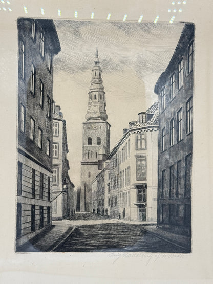 W.Beck. Radering af Sankt Nikolaj kirke, København. Fra start 20.Årh