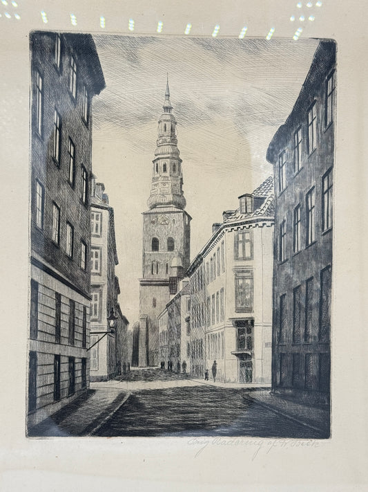 W.Beck. Radering af Sankt Nikolaj kirke, København. Fra start 20.Årh