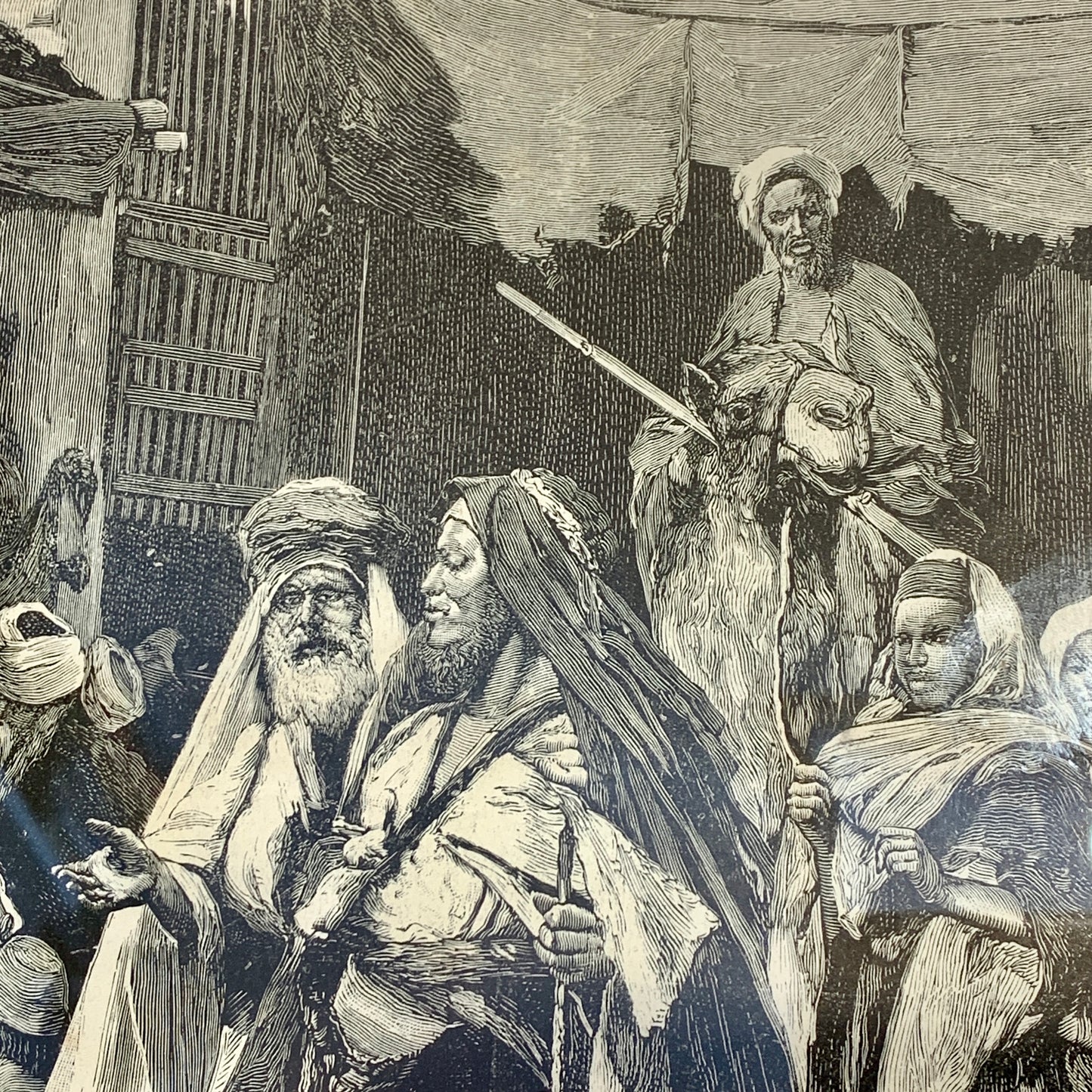 Antique Danish woodcut. Bazaar in Cairo. From 1881.