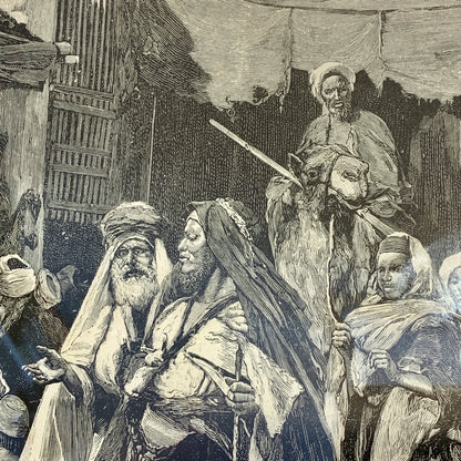 Antique Danish woodcut. Bazaar in Cairo. From 1881.