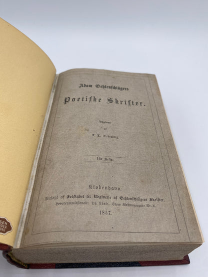 Oehlenschlägers Romantiske Dramaer. Af Adam Oehlenschläger. 1. Og 2. Del. Antikvarisk dansk bog. 1. Udgave. 1. Oplag. Fra 1857