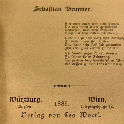Sebastian Brunner, Der Goethecult.., 1. Udgave, fra 1889. Antikvarisk tysk bog.