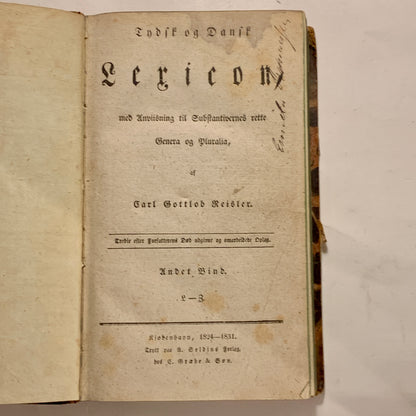 Carl Gottlob Reisler. German and Danish Lexicon 2. Antiquarian Danish book. From 1824-1831.