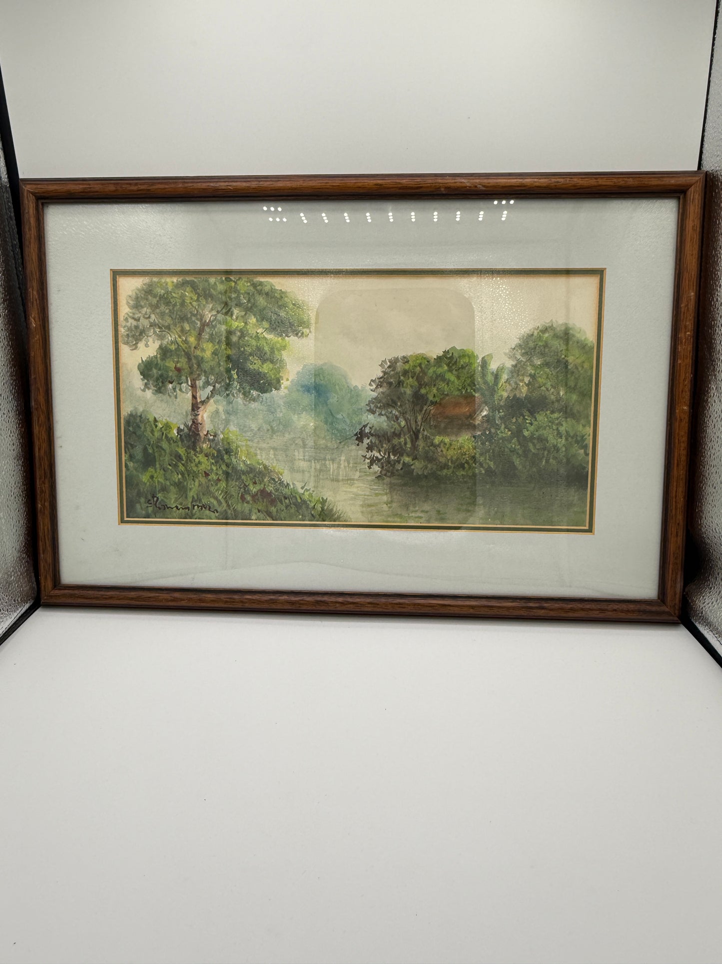 Impressionistisk akvarel af flodlandskab med hytte. Indonesien. Slut 20. Årh. Signeret