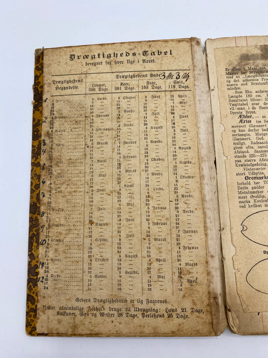 Antik dansk landbrugs notesbog med drægtighedstabel. Fra 1903-1930