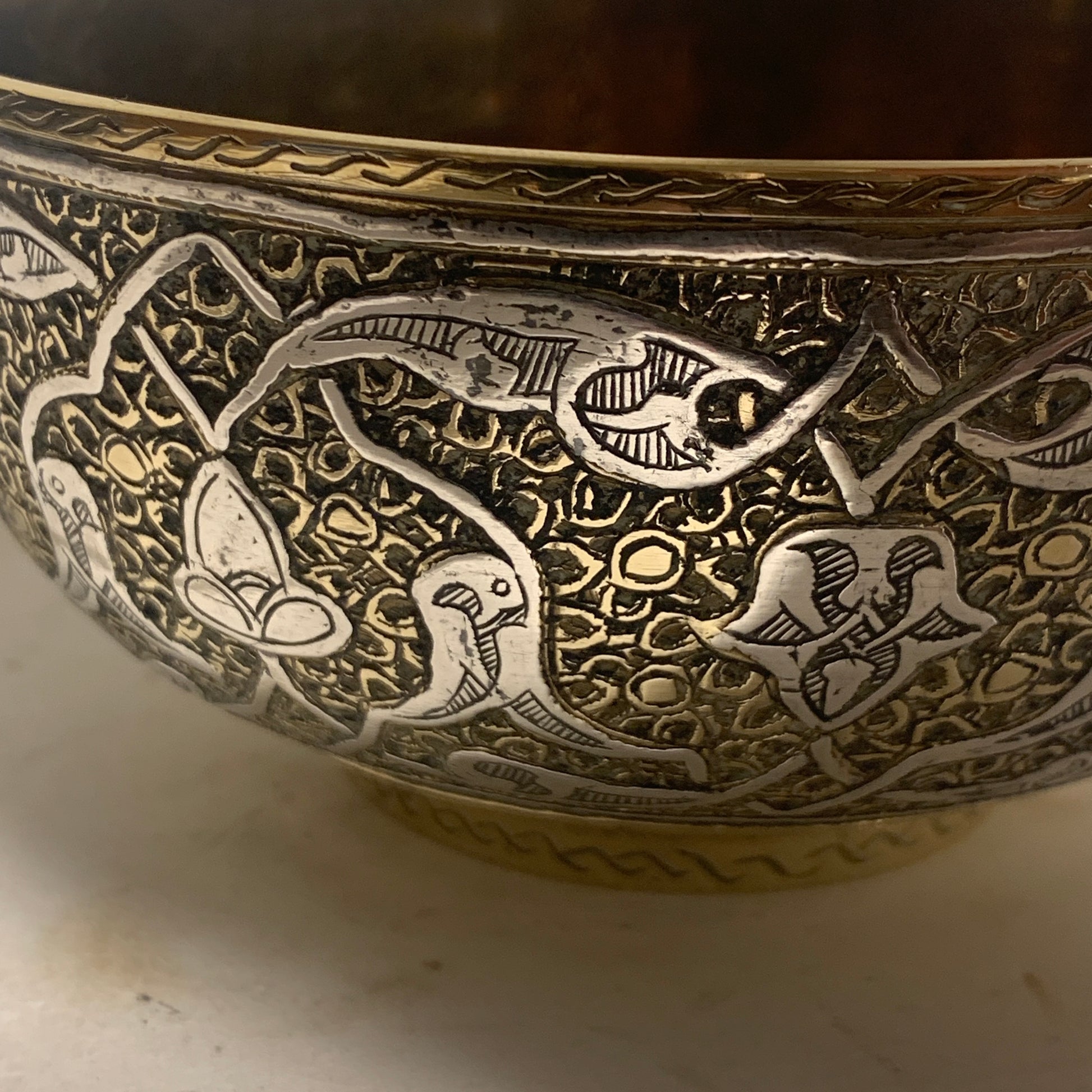 Antik arabisk/persisk sølv og messing skål, fra 1800 tallet
