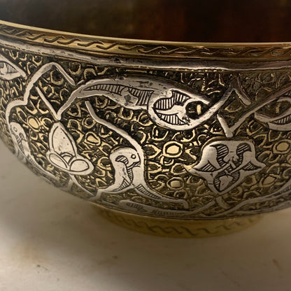 Antik arabisk/persisk sølv og messing skål, fra 1800 tallet