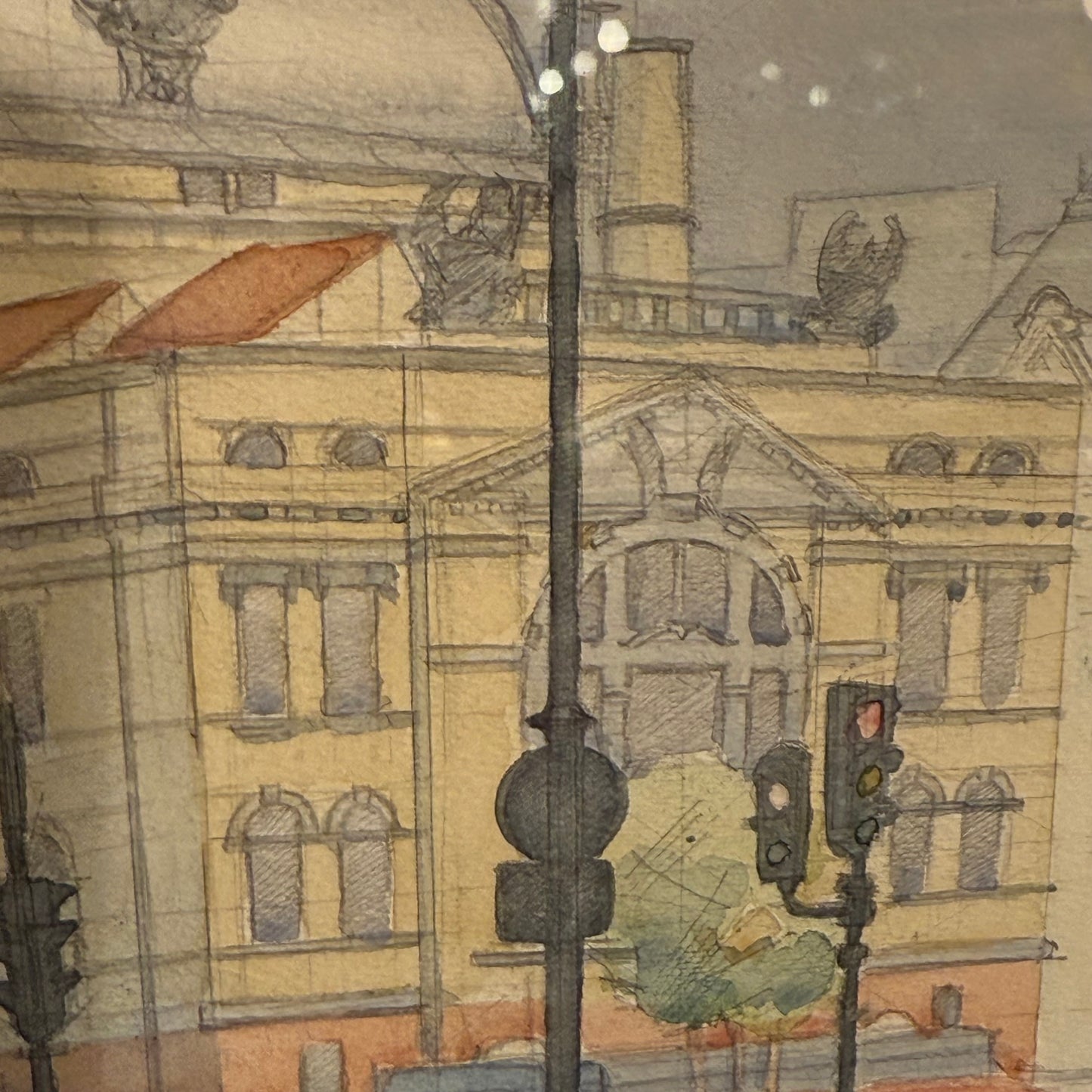 Akvarel tegning af Nationalteatret Oslo, fra 1989. Signeret.